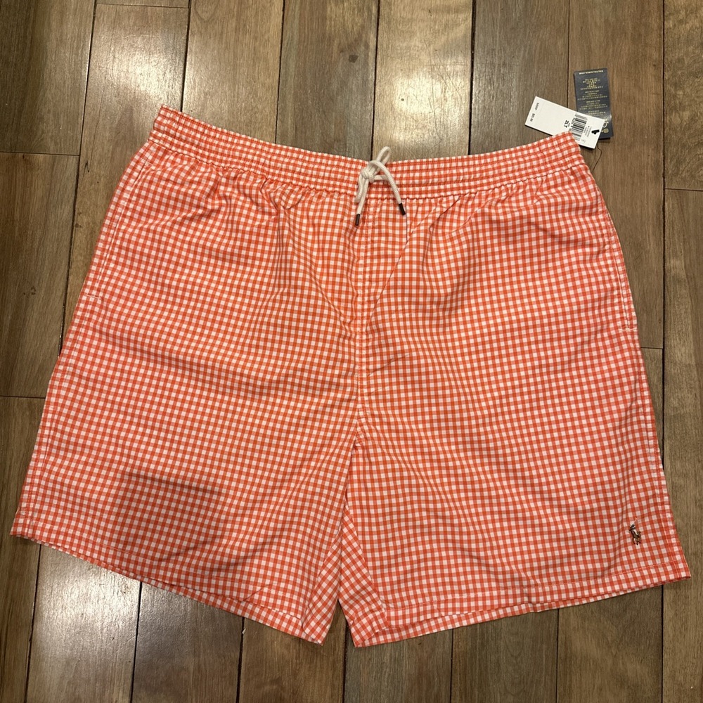 POLO Ralph Lauren‎ Swim Trunks Men's XLT Orange Check Gingham Pony SHORTS NEW